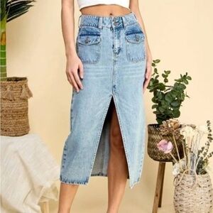 Veveret Slit Mid Rise Waist Midi Denim Jean Skirt Vintage Cargo Pocket medium